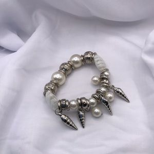 Silver-tone and White Stretch Glass Bead Bracelet